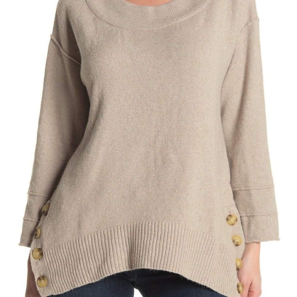 Democracy Beige Sweater Side Button Boatneck Long Sleeves